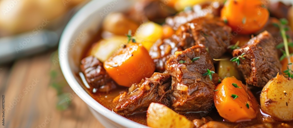 Poster Selective focus on a beef stew dish highlighting potatoes and carrots with a blurred background for a copy space image