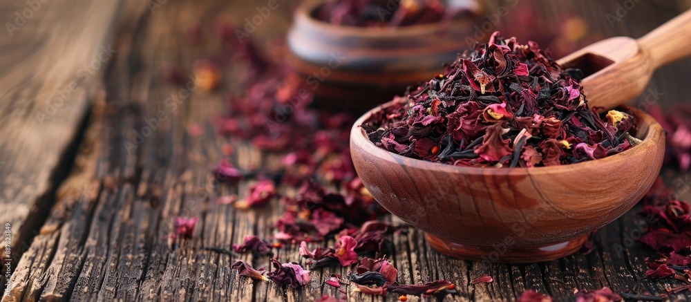 Poster wooden table with a scoop and bowl filled with dry hibiscus tea offering ample copy space image for 