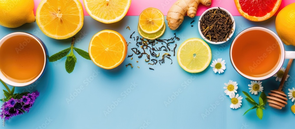 Fototapete tea leaves lemon ginger and honey displayed on a colorful background with copy space image