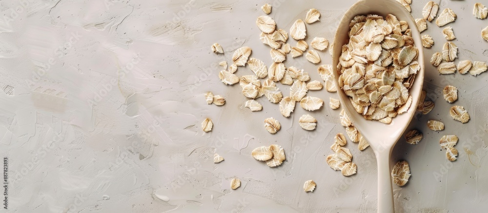 Poster top down view of oats flakes on a spoon on a table with copy space image