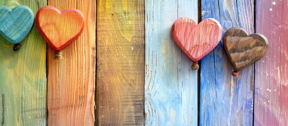 Aufkleber wooden hearts displayed on colorful wooden background with ample copy space image