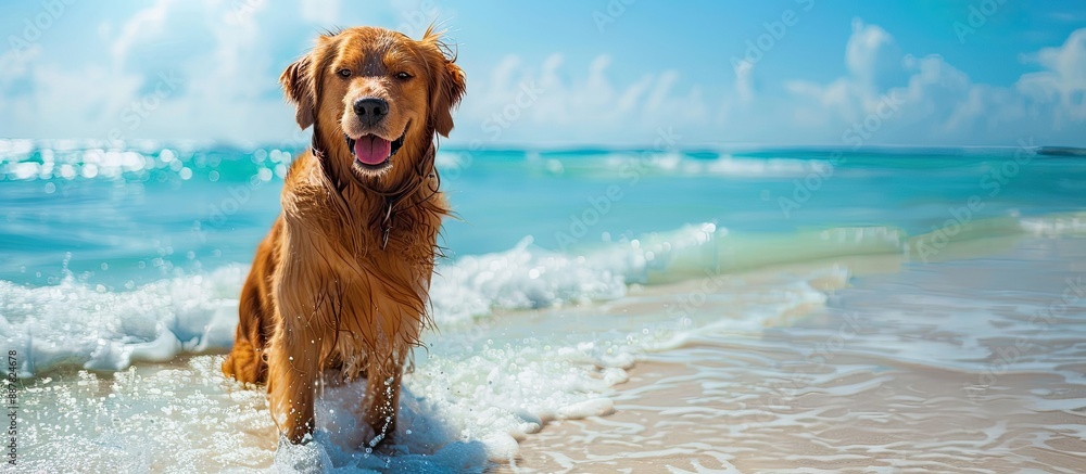 Poster cheerful dog enjoying the beach a serene white sandy shore with gentle waves on a sunny summer day p