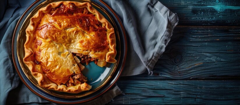 Top view of homemade baked uchpuchmak samsa with meat and potato on a vintage plate set on a blue sackcloth Includes copy space image