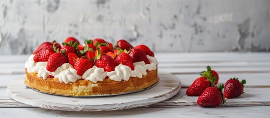 A summer dessert featuring a strawberry vanilla sponge cake or pie displayed on a white wooden surface adorned with fresh strawberries allowing for copy space image