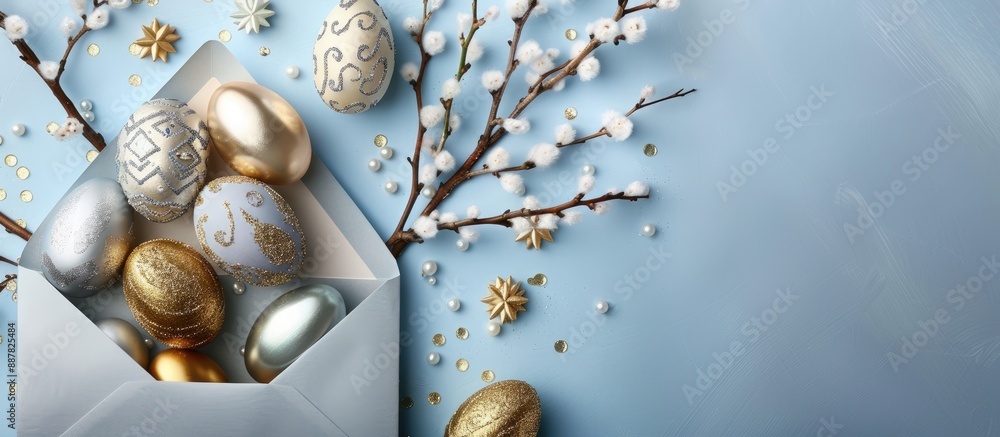 Aufkleber golden and silver easter eggs willow branches inside an envelope on a blue backdrop for easter celeb
