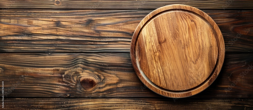 Fototapete Top down view of an empty circular cutting board on a wooden surface with available space for text alongside the image. with copy space image. Place for adding text or design