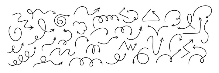 Spiral arrow doodle, wavy twist minimal squiggly line set. Curve comic turn way direction. Playful quirky simple free hand elements. 