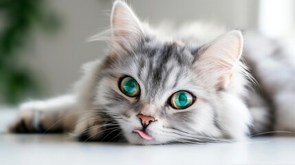 A cat with green eyes is laying on a white table. The cat has a pink tongue sticking out