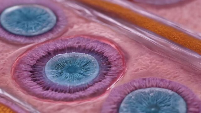 Macro view through a microscope of the process of in vitro fertilization of a female egg with a sperm cell in an IVF bowl in a laboratory. Horizontal. . Generative AI