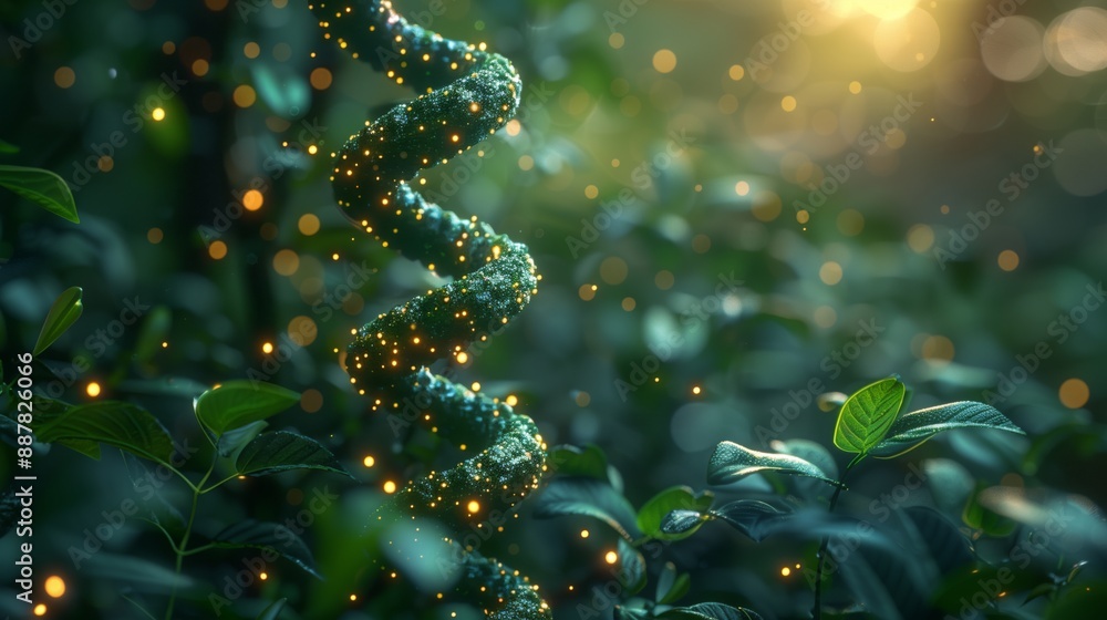 Poster a digital illustration depicting a dna helix in a forest setting. the image represents the intersect