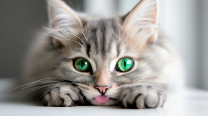A cat with green eyes is laying on a white table. The cat has a pink tongue sticking out
