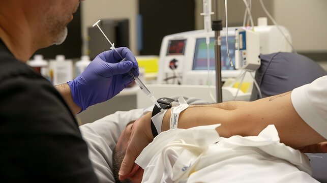 A patient receiving an intravenous pyelogram to diagnose urological conditions