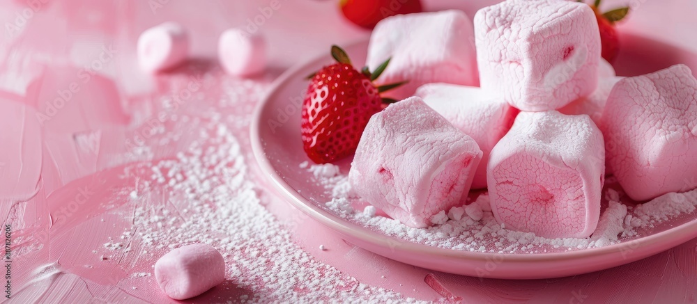 Poster pink homemade marshmallows or zephyr with pink strawberry dessert on a pink background creating a vi