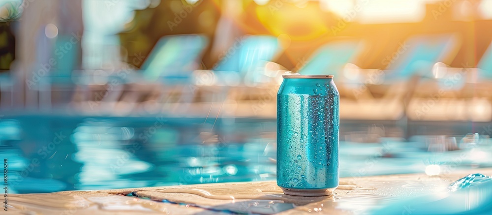 Poster enjoy a refreshing cold drink in a blue can by the hotel pool with a relaxing summer vacation vibe a