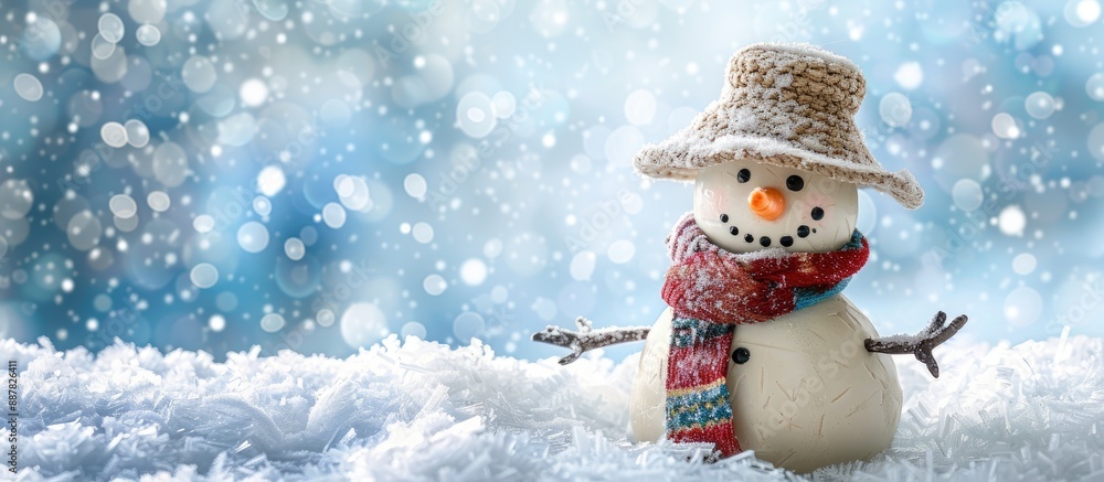 Aufkleber Greeting card showing a jolly snowman with a unique hat and scarf on a snowy backdrop Copy space image included