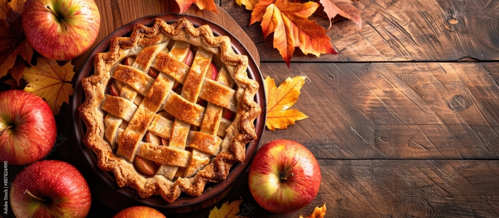 Poster Autumn themed homemade apple pie or tart with a copy space image in the background conveying the essence of the fall season
