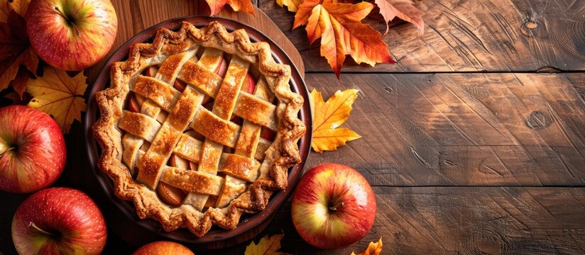 Autumn themed homemade apple pie or tart with a copy space image in the background conveying the essence of the fall season