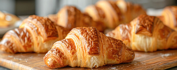 Freshly baked croissants on a tray, showcasing their golden, flaky texture and inviting aroma.	