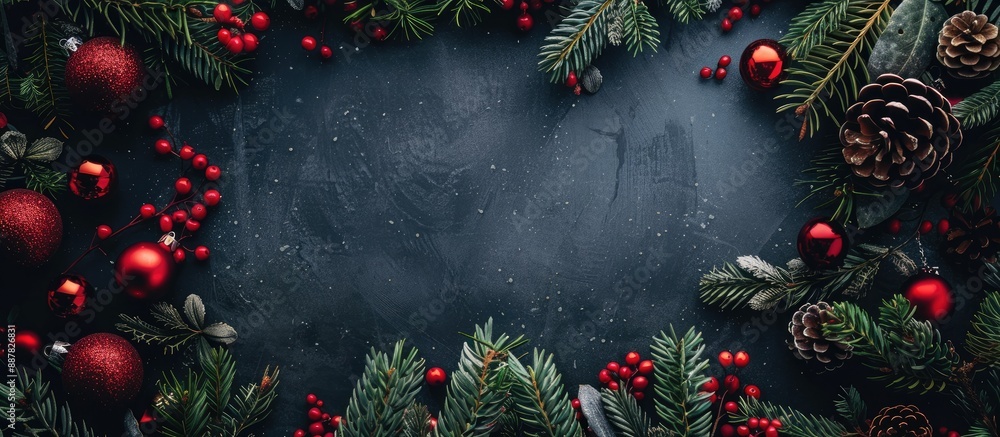 Poster A festive arrangement with Christmas tree branches wreath and red ornaments creates a nature themed New Year concept in a flat lay style featuring copy space image