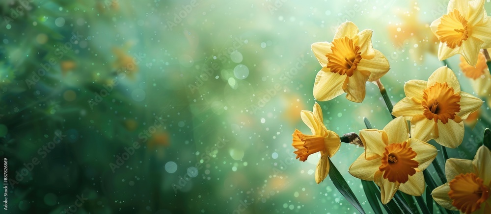 Poster scenic web banner featuring close up yellow daffodil flowers on a lush green background perfect for 