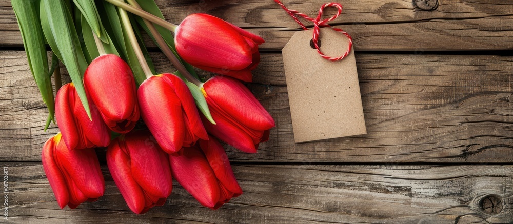 Aufkleber red tulips for valentine s day on wooden backdrop with empty tag for copy space image