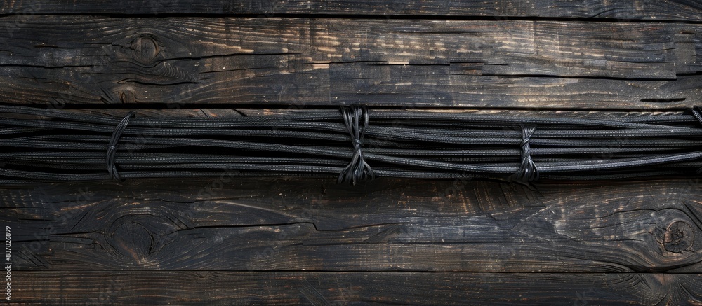 Poster an old wooden surface adorned with black cable ties featuring a dark tone and ample copy space image