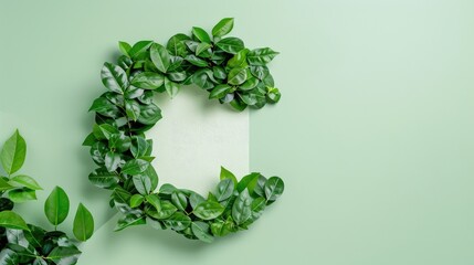 C Letter made of green leaves on light green and white background
