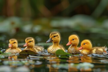 Five yellow ducklings waddling in a straight line on the edge of a pond, following their mother. The water is calm with lily pads floating on the surface 