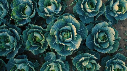 Obraz premium Cabbage on farm seen from above at sunrise