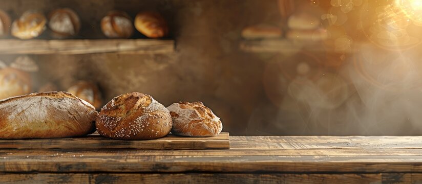 Traditional bakery concept with fresh tasty bread displayed on a wooden shelf emphasizing a healthy food option with a rustic charm and copy space image