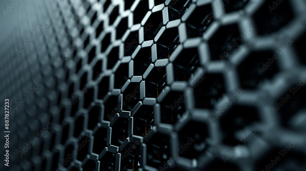 Poster futuristic, high tech, dark background, with a hexagonal cellular structure. wall texture with a 3d 