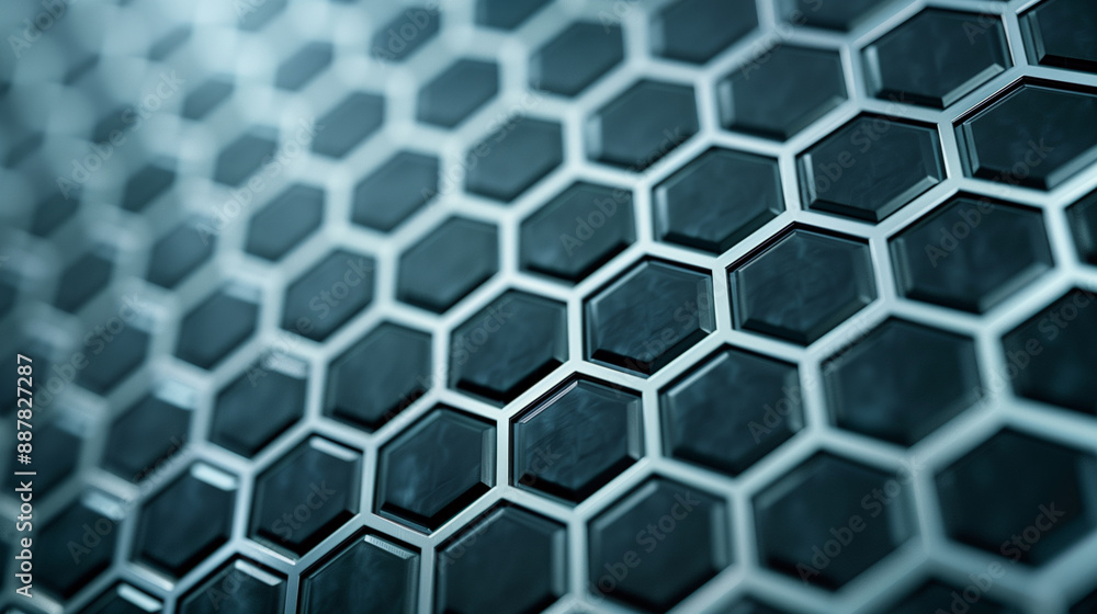Poster futuristic, high tech, dark background, with a hexagonal cellular structure. wall texture with a 3d 