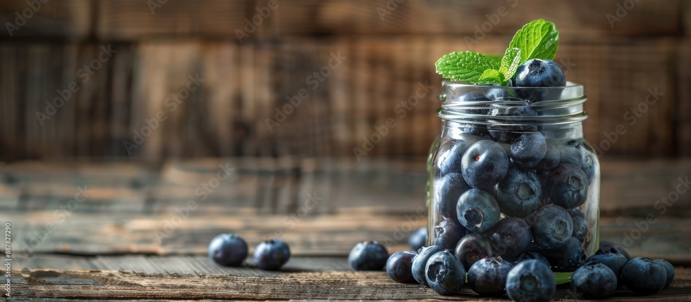 Poster A jar filled with blueberries topped with a mint leaf placed on an aged wooden table with ample copy space image