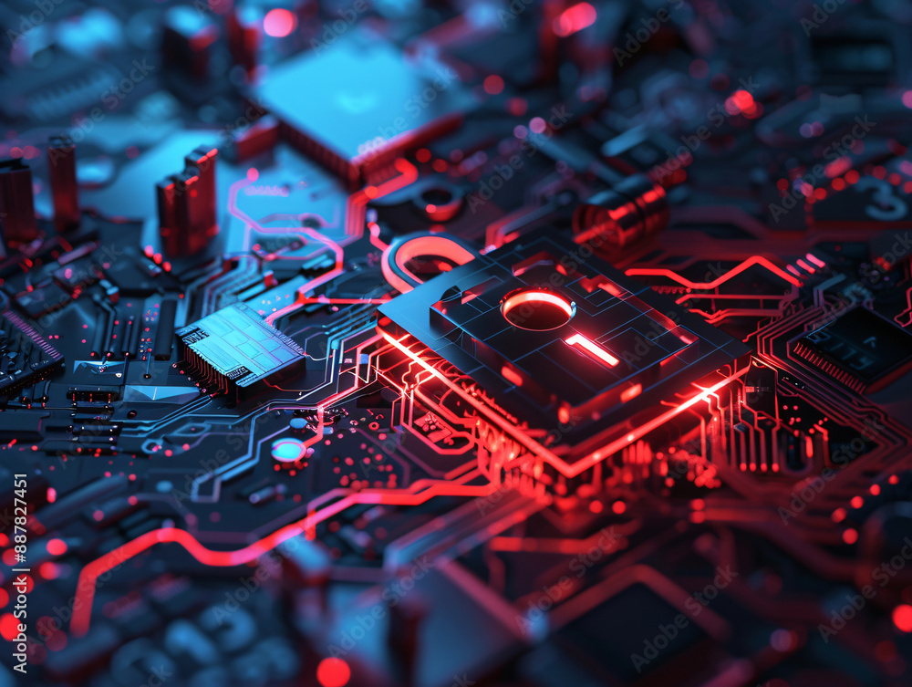Poster cybersecurity concept with a padlock on a circuit board with red and blue lights with copy space tex