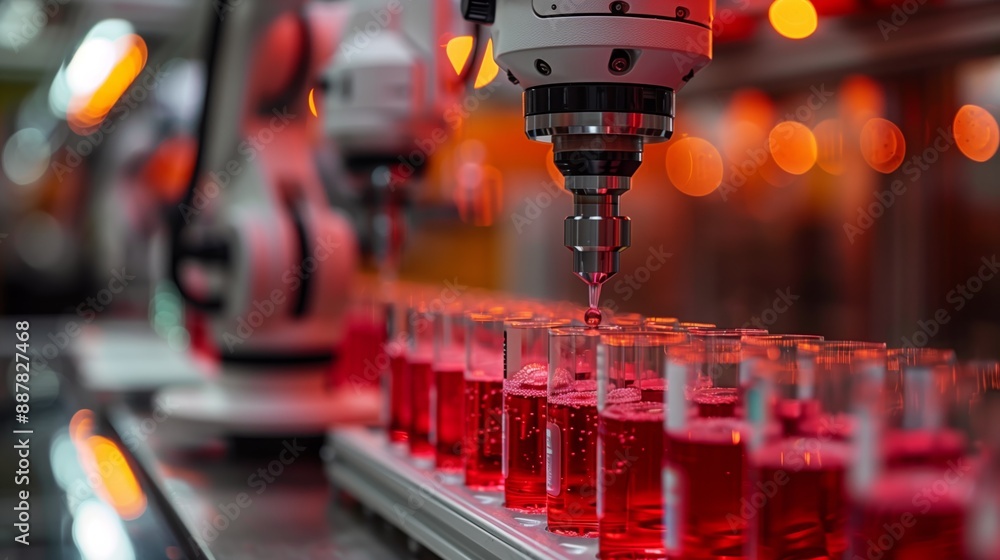 Poster robotic arm with pipette dispensing samples into test tubes filled with red liquid as part of automa