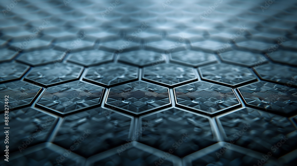 Poster futuristic, high tech, dark background, with a hexagonal cellular structure. wall texture with a 3d 