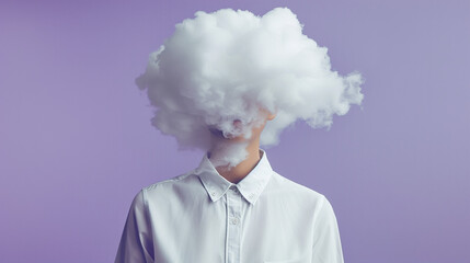 Surreal Portrait: Person with Cloud Head on Purple Background, Conceptual Image for Creativity and Imagination