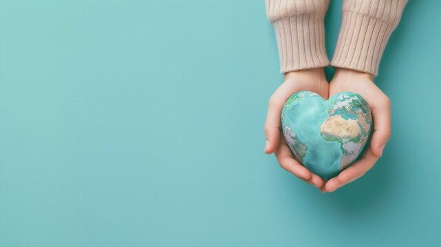 Woman holding heart shaped planet earth, eco-friendly sustainable living, conscious and responsible lifestyle to protect the environment - Powered by Adobe