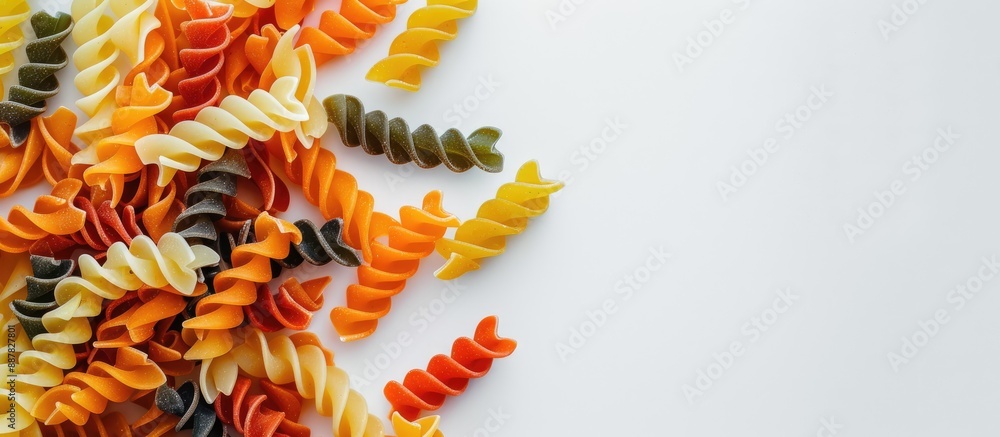 Poster close up top view of a pile of tri colored pasta on a white backdrop with a blank area for additiona