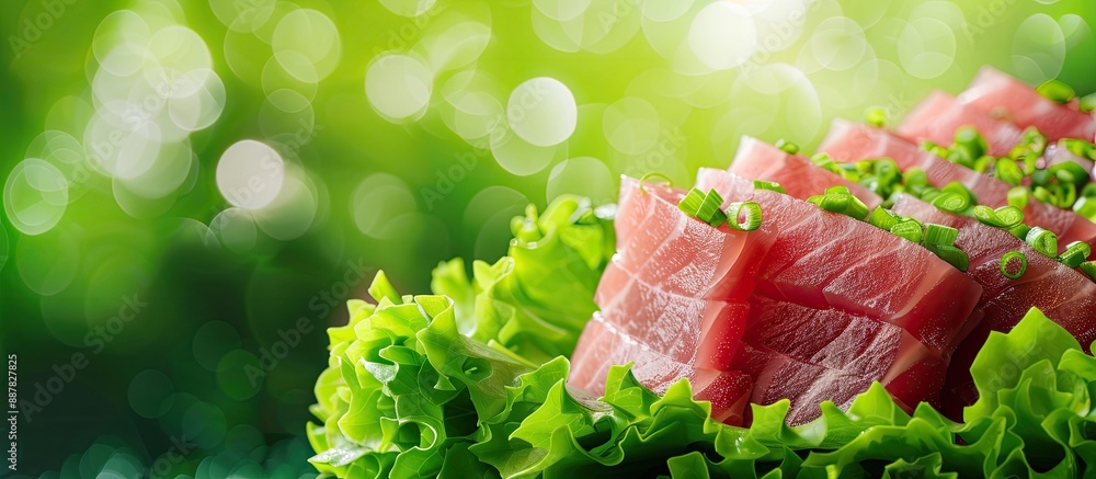 Aufkleber Tuna fillet on lettuce set against a bright backdrop with copy space image for a banner
