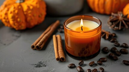Candle with pumpkin cinnamon and coffee beans on grey surface