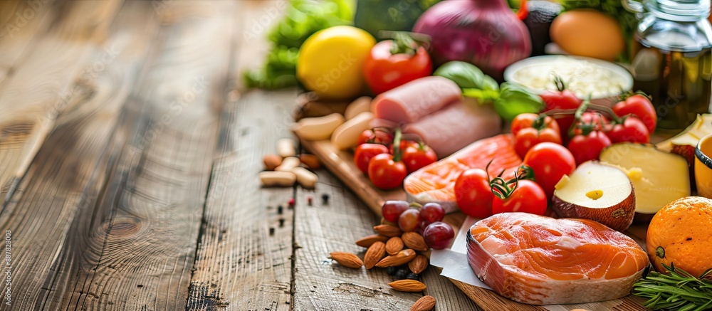 Aufkleber Various nutritious foods displayed with a diet plan on a wooden table providing ample copy space image