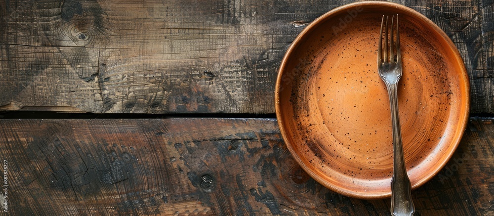 Fototapete Top view of a fork on an empty clay plate resting on a rustic wooden table with space for additional imagery