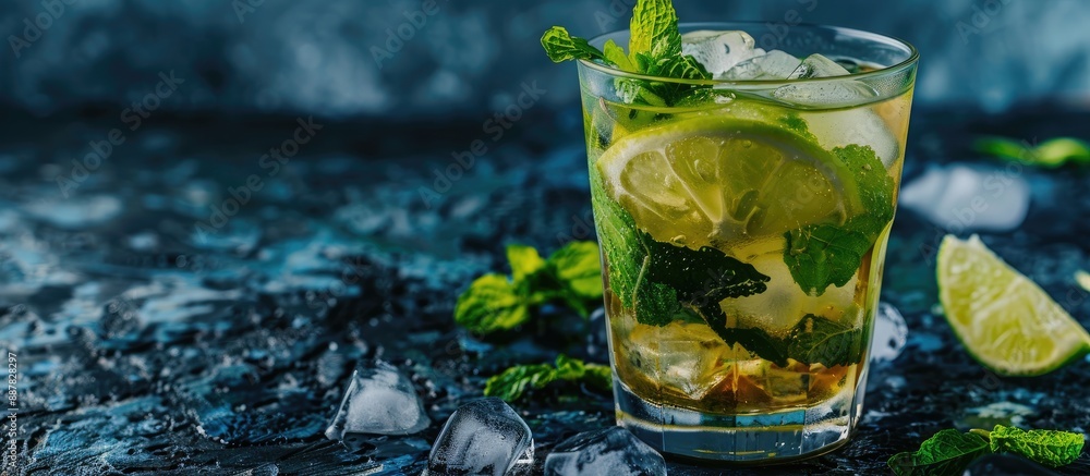 Poster Copy space image of a Mojito cocktail set against a dark backdrop