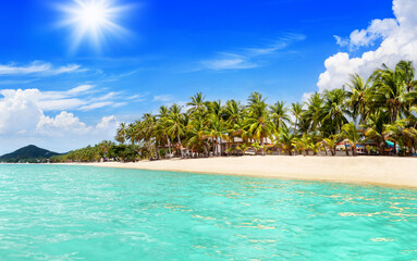 Sea beach panorama, paradise tropical island landscape, turquoise ocean water, palm trees, sand, sun blue sky white cloud, summer holiday, vacation, travel, MaeNam, Koh Samui, Thailand, Southeast Asia