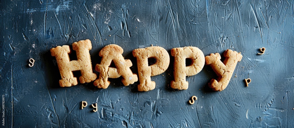Poster Alphabet shaped homemade cookies arranged to spell Happy on a dark white background expressing the joyous concept of the image with copy space