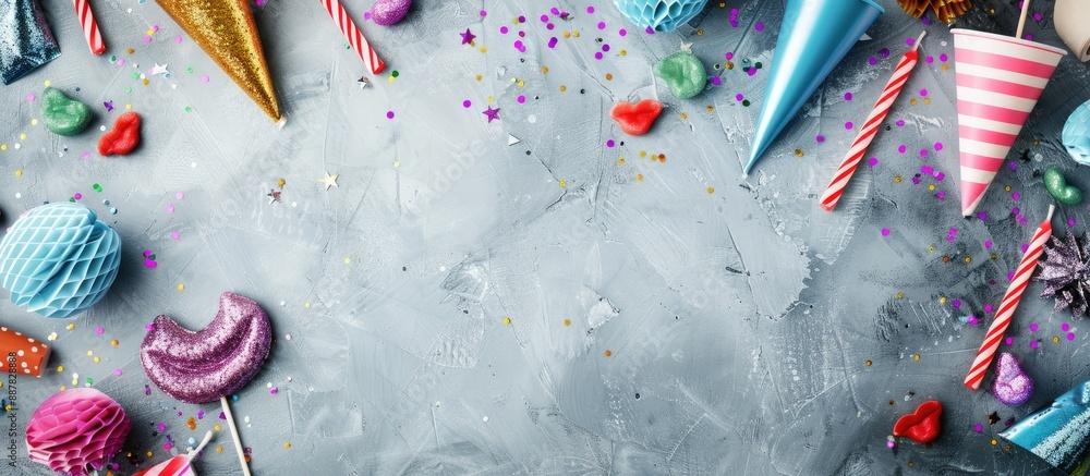 Poster top view of a festive birthday or party theme with birthday candles glitter party hats and lips on a