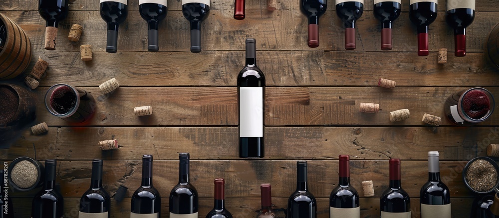 Aufkleber Aerial view of various red wine bottles in a rustic setting on a table with a blank label leaving room for customization in the image in landscape orientation. with copy space image