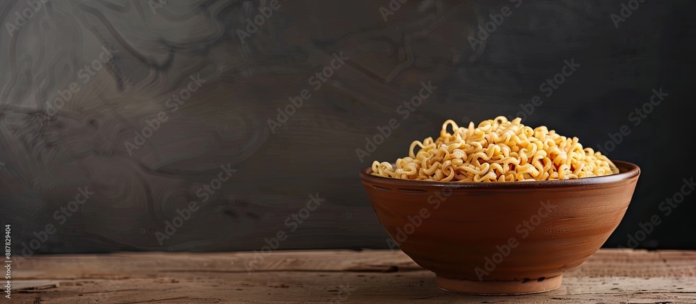 Poster bowl holding instant noodles on a dark backdrop with copy space image