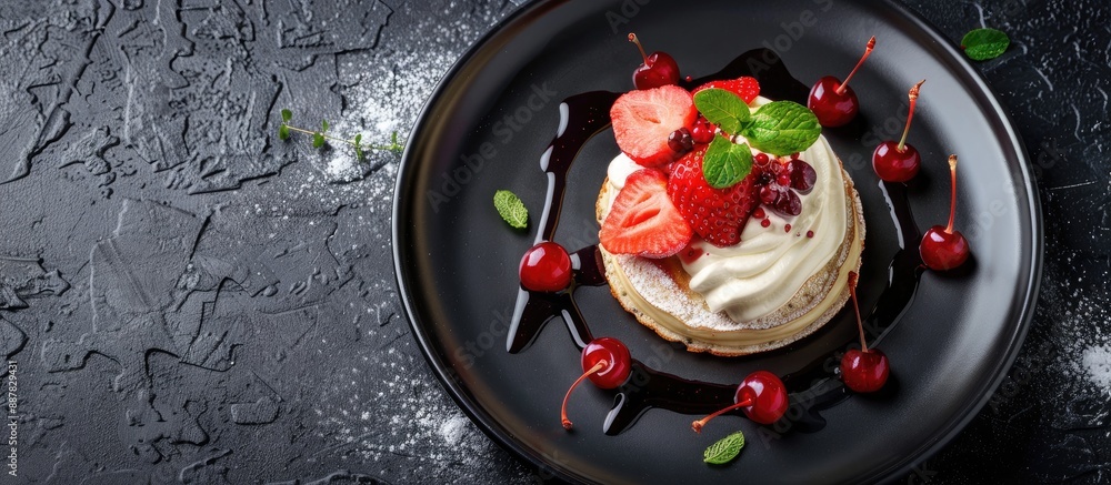 Aufkleber Plate with pancakes topped with strawberries cream mint honey and cherry on dark black background with copy space image